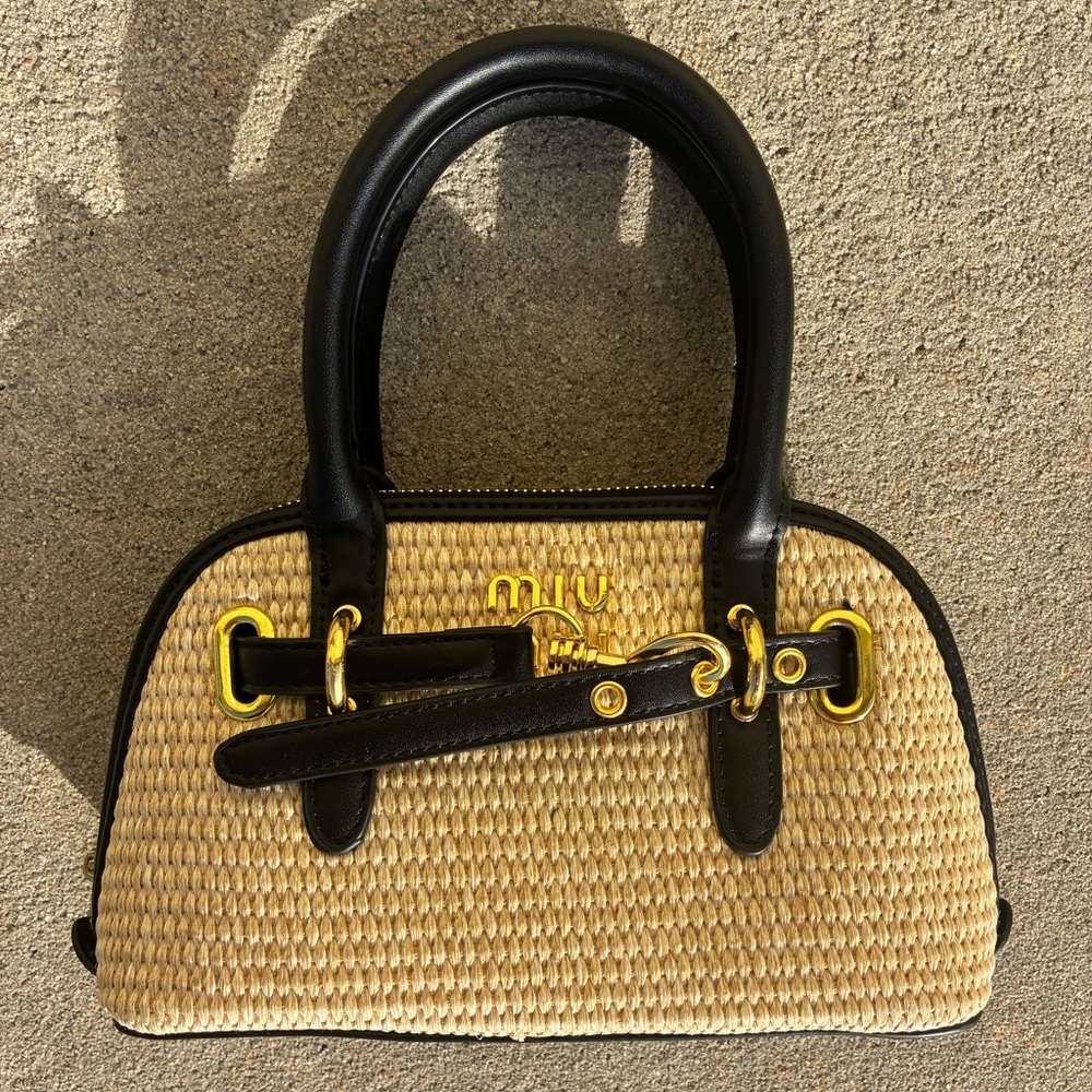 Miu Miu Raffia Mini Bag Leather Trim Gold Hardware Top Handle Crossbody